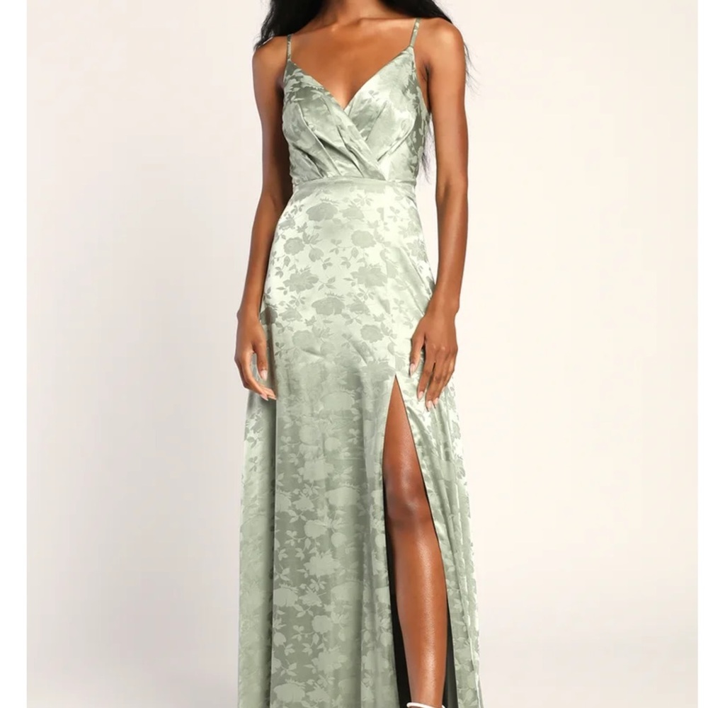 LULUS Radiant Refinement Sage Green Satin Jacquard Maxi Dress